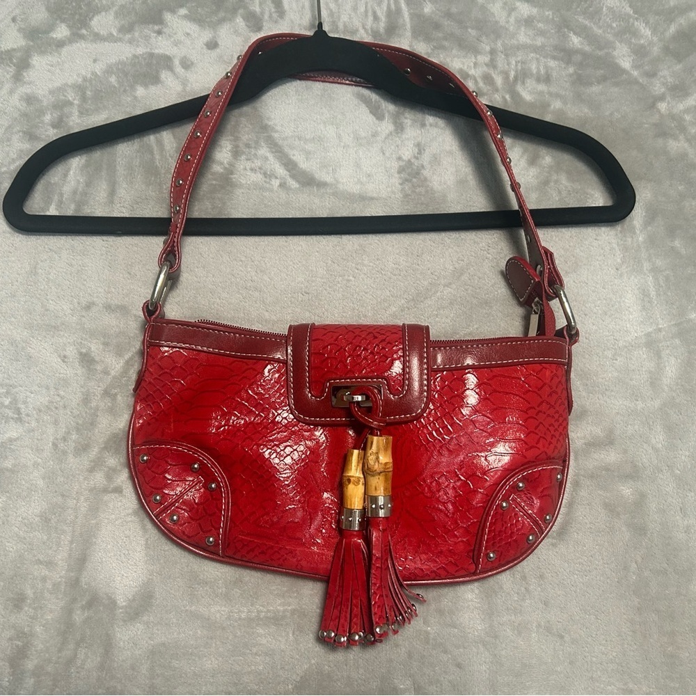Marc Chantel Red Leather Shoulder Bag Purse Snakeskin Studded Tassel